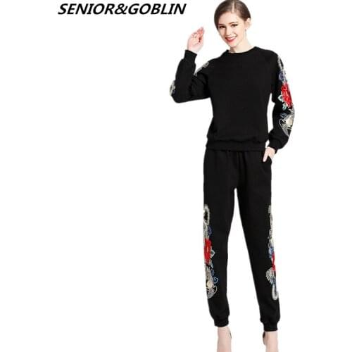 New 2019 Casual Tracksuit Pant Suits Women Fashion Elegant 2 Piece Set+Pullover Hoodies Embroidery Cotton Sporting Trousers Set