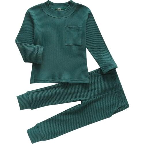 Two Piece Baby Girls Boys Solid Sets Toddler Children Long Sleeve Pocket O Neck Tops Long Pants Baby Clothing Outfits 6M-3Y