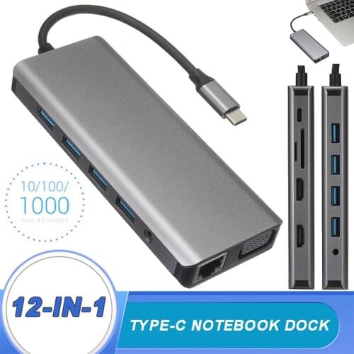 Pohiks 1pc Portable 12-in-1 Type-C Hub Docking Station Adapter USB 3.0+HDMI-compatible+VGA+PD Adapter For PC Laptop