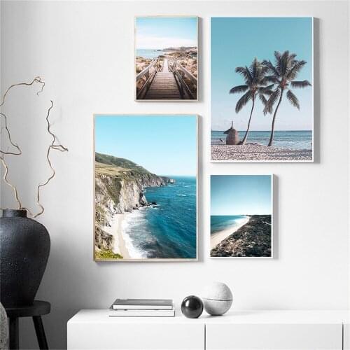 Scandinavia Beach Blue Sea Coconut Tree Poster Wooden Bridge Print Landscape Wall Art Canvas Painting Modern Pictures Home Decor