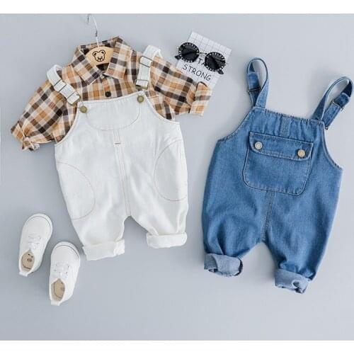 Spring Autumn Baby Newborn Boys Girls Clothes Plaid Shirt + Strap Jeans 2Pcs Clothing Set For Baby Boys Girls Clothes