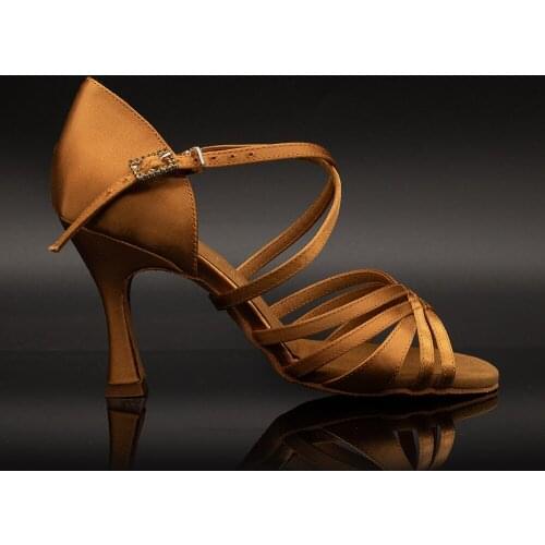 Suphini【Deborah】Deep Tan Satin 5 Strap 7.5/8.5cm Flare Heel Dance Sandals