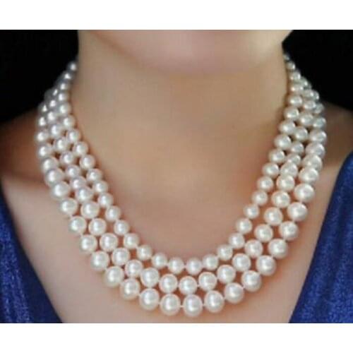 Triple strands 8-10mm round white pearl necklace18-20inch Yellow clasp