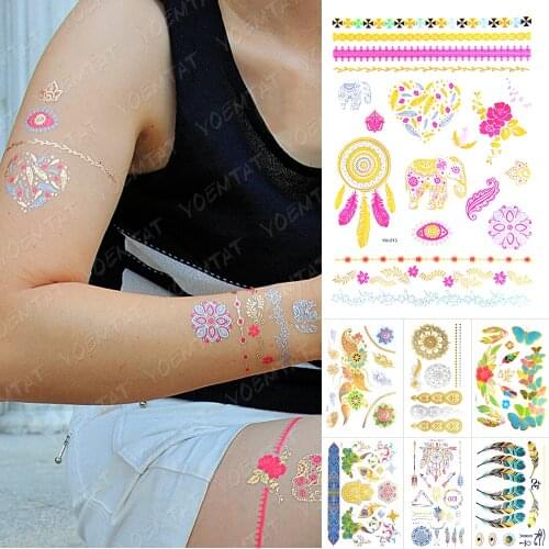 Waterproof Temporary Tattoo Sticker Elephant Butterfly Gold Metallic Flash Tatoo Feather Peacock Jewelry Bracelet Body Art
