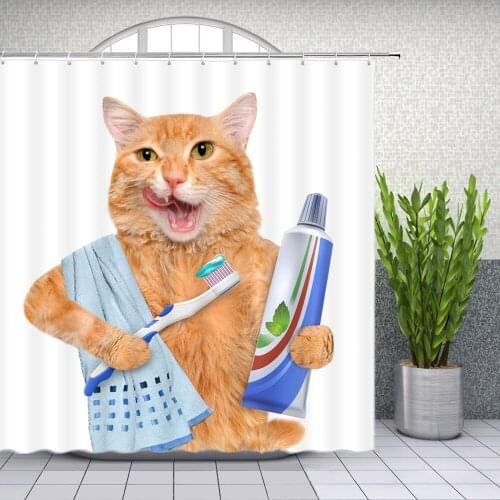 Funny Animal Shower Curtains Decoration Cute Pet Cat Home Bathroom Decor Polyester Bath Cloth Hanging Curtain Set with Hooks