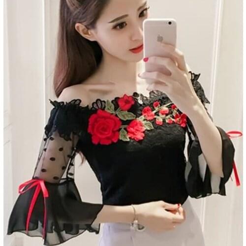 Short Sleeve Summer Lace Blouse Tops Blouse Women Blusas Mujer De Moda 2021 Verano Embroiderey Slash Neck Off Shoulder Top E654