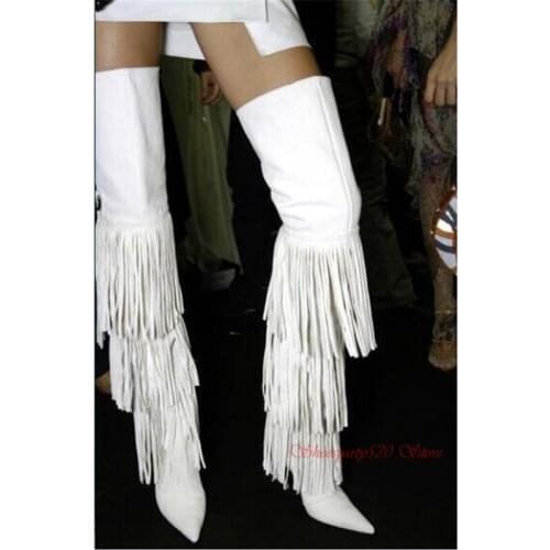 New White black suede leather women long tassel thin high high heel boots shoes women concise runway show over the knee boots