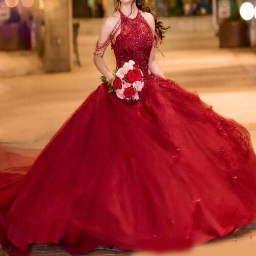 Burgundy Tulle Quinceanera Dresses Jewel Neck New Style 2020 Applique Beaded Sequins Tulle Abendkleider Sweet 16 Prom Dress