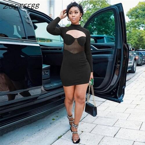 ZOOEFFBB Spliced Mesh Sheer Bodycon Mini Dress for Women Vacation Outfits Fall Long Sleeve Sexy Zip Night Club Evening Dresses