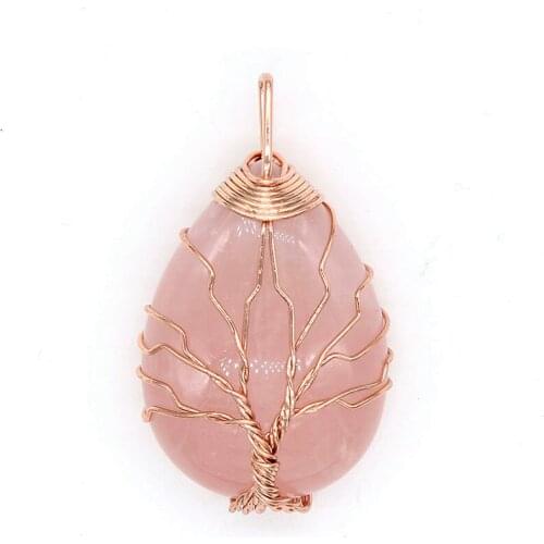 100-Unique 1 Pcs Rose Gold Color Wire Wrap Water Drop Rose Pink Quartz Pendant Elegant Women Jewelry