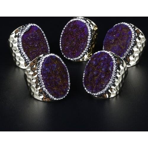 2020 Hot Sale Natural Rough Oval Purple Druzy Stone Bead Charm Pave Rhinestone Big Wide Wrap Hammered Gold Women Open Ring Cuff
