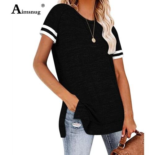 Aimsnug Plus Size Ladies Elegant Leisure Casual T-shirt England Style 2021 Summer New Patchwork Stripe Womens Top Clothes Femme