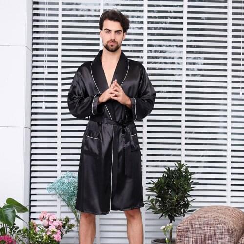 Black Bathrobe Kimono Men Solid Color Satin Silk Sleepwear Nightwear High-quality Nightgown Pajama Male Robe халат мужской