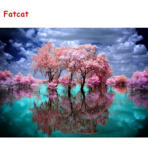 5D Diamond Paintings DIY Diamond Mosaic Cross Sticker Kit Pink Tree Reflection Flower Full Diamond Home Decor Embroidery PP267