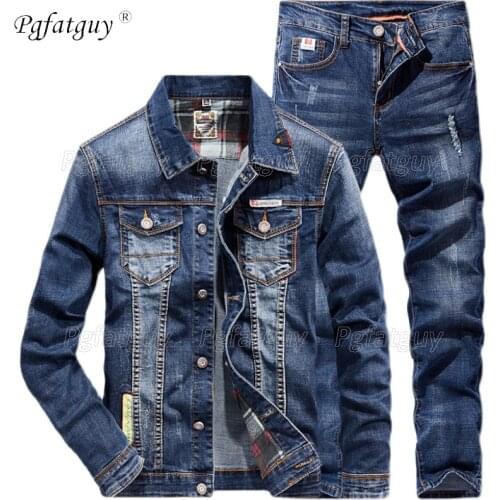 New Punk Style Fashion Mens Clothing Blue Mens Denim Cotton Long Sleeve Jacket + Ripped Hole Jeans Couple Two Pieces Jeans Sets