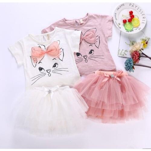 Toddler Girls Clothing Sets Cartoon Printed Short-sleeved T-shirt Mesh Tutu Skirt 2pcs 1 2 3 4 5 6 Years Baby Kids Clothing 2020