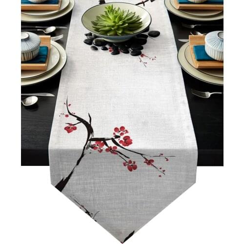 Red Flower Plum Flower Ink Scenery Design Table Runner Table Flag Home Party Decorative Tablecloth Table Runners