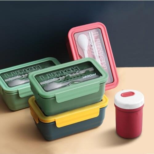 New 1400ml Bento Lunch Box For Kids 3 Compartments Microwave Lunch Box Portable Leakproof Food Storage Container with Tableware