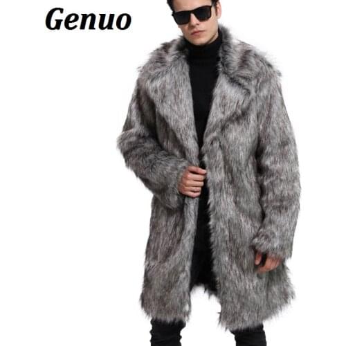 Winter Autumn Faux Fur Men Long Jacket Windbreaker Thick Warm Fur Lapel Collar Long Coat Outwear Plus Size Genuo Faux Fur Parka