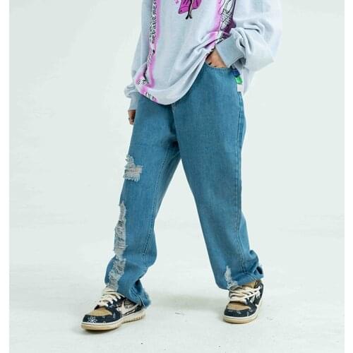 Harajuku Hole Tassel Distressed Washed Light Blue Jeans for Men High Street Oversize Ankle Zipper Denim Trousers