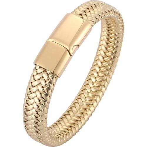 Men Jewelry Black / Gold / Silver Color Stainless Steel Magnetic Clasp Golden Leather Braided Bracelet Male Wrist Band Bangles