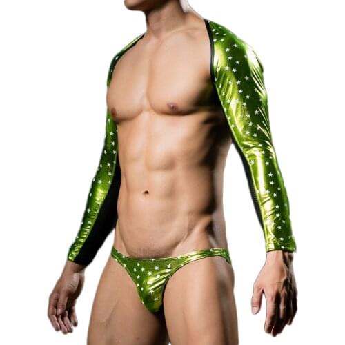 Sexy Undershirts Men Tank Tops Long Sleeve Arm Sleeves Shrug PU Leather Clubwear Costume + Gay Briefs Underwear Men Clothes Set