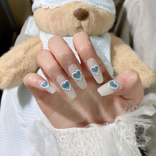 Fake Nails Long Glitter Blue Heart Full Of Pearl Nail Stickers Finished Nail Stickers 24 Nail Stickers With Glue Nail Sticker