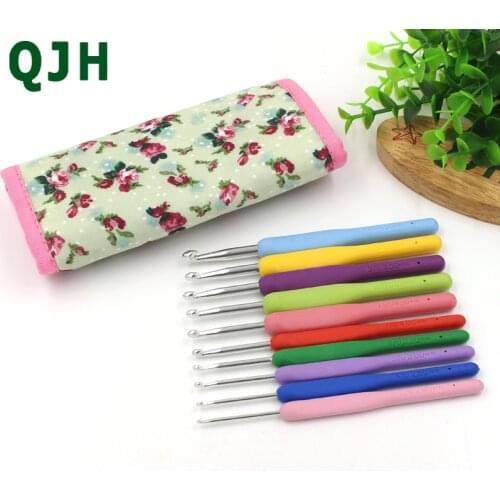 New QJH 10pcs/set Multi-colour Soft Plastic Handle Aluminum Crochet+Flower Hooks Needles Bag DIY Knit&Weave Craft Necessary Tool