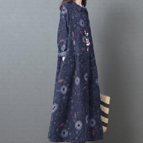 Uego Long Sleeve Pure Cotton Autumn Dress Turn-down Collar Fashion Blouse Dress Print Floral Loose Women Casual Spring Dress