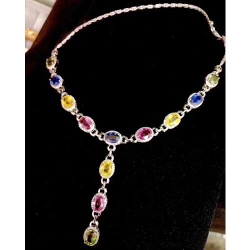 Fashion long Tassels lock Natural Multicolor sapphire necklace Pendant S925 silver natural gemstone necklace woman party jewelry
