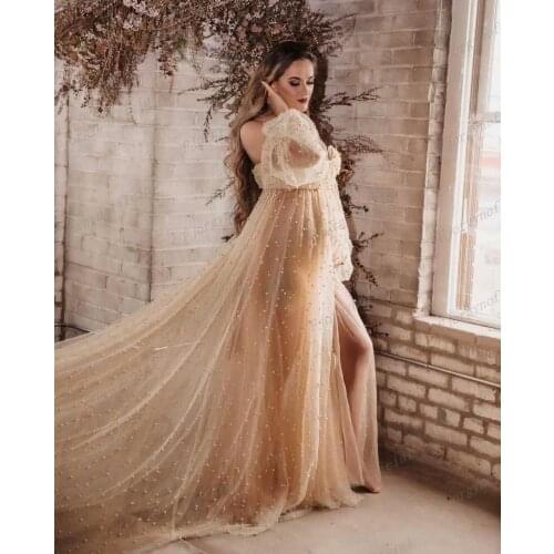 Off Shoulder Long Sleeve A-Line Peals Tulle Summer Dresses Bridal Robes Custom Made Maternity Dress for Photoshoot Party Gowns