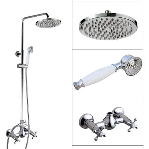 Polished Chrome Brass Dual Cross Handles Wall Mounted Bathroom 8" Round Rain Shower Head Faucet Set Bath Mixer Taps mcy301