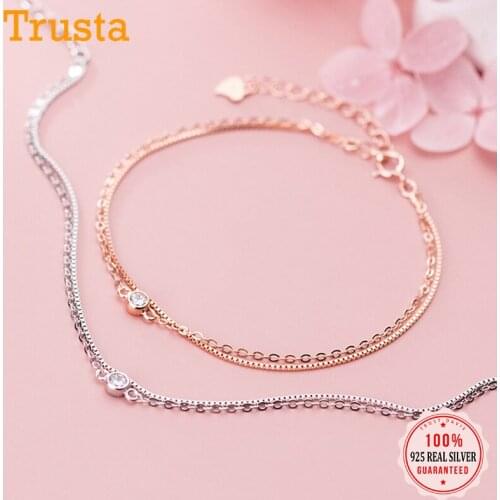 Trustdavis Genuine 925 Sterling Silver Double Layer Chain Round Shiny CZ Bracelet For Women Wedding Mothers Day Jewelry DA2065
