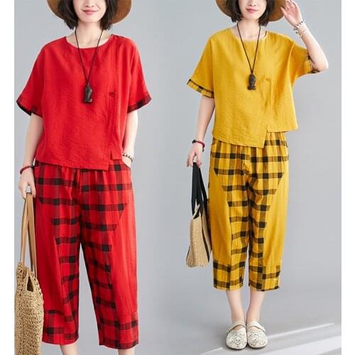 Uego Fashion Patchwork Irregular Top Women Casual Two Pieces Set Clothes Set Soft Cotton Loose Tops Pants Female Sets Suit