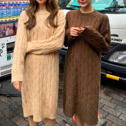 Women Autumn Winter Pullover Twist Sweater Dress Ladies Long Sleeve Maxi Knitted Vestidos Robe Pull Femme Sukienki Jurken