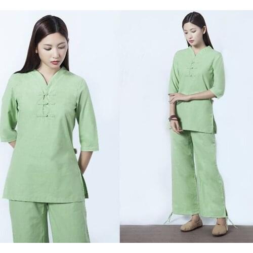 Women 4colors high quality cotton&linen yoga suits tai chi taiji clothing zen lay clothes meditation uniforms green/khaki