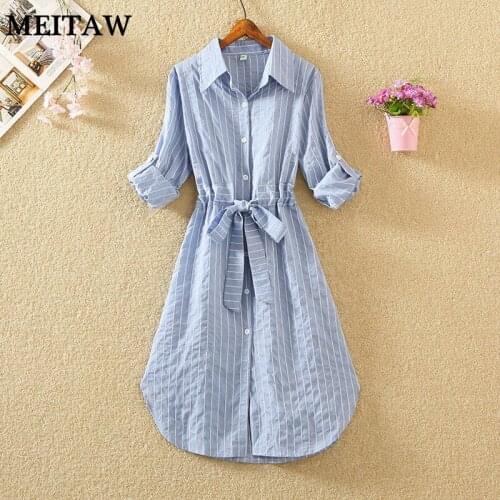 Sprint Autumn Women Striped Shirt Dresses 2020 Casual Long Sleeve Tie Waist White Dress Vintage Midi Party Dress Vestidos