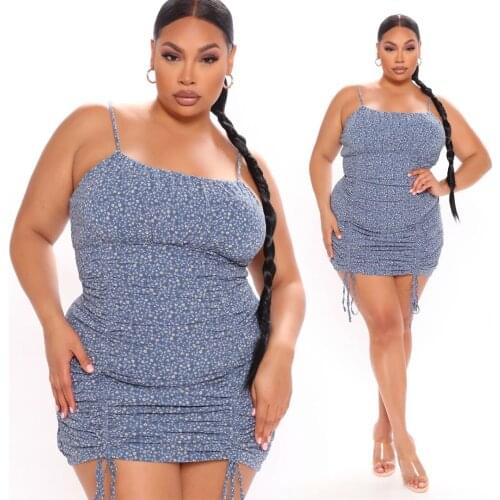 2021 Summer Plus Size Womens Dresses Loose Sexy V-neck Sleeveless Camisole Velvet Suspender Printed Floral Drawstring Dress