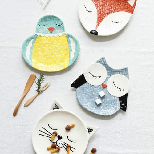 2Pcs/Set Direct Marketing Creative Cartoon Animal Shape Owl Bird Fox Hand-painted Ceramic Home Storage Separate Plate Sets