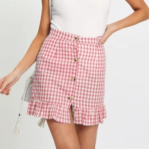 AIUJXK New 2021 Summer Womens High Waist Plaid Skirt Fashion Sweet Style Ruffles Jupe Short Woman Slim Buttons Mini Skirts