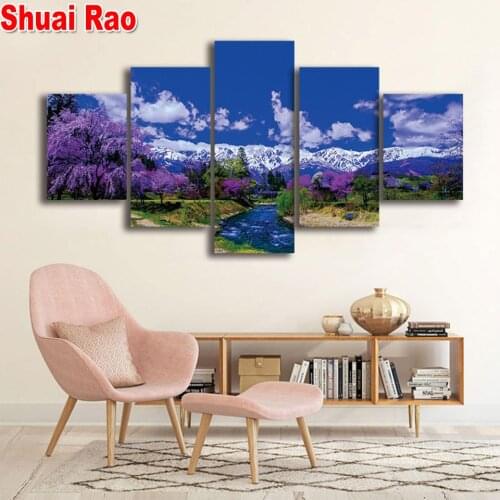 5 Pieces Blue Sky Mountains And Rivers Natural 5D Diy Diamond Painting Full Square round Drill Picture Diamond Mosaic Home Art