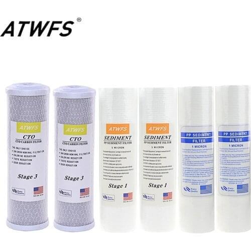 ATWFS Water Filter Cartridge 2pcs 5Micron PPF Cotton+ 2pcs 1Micron PPF Cotton+ 2 pcs Activated Carbon Reverse Osmosis System