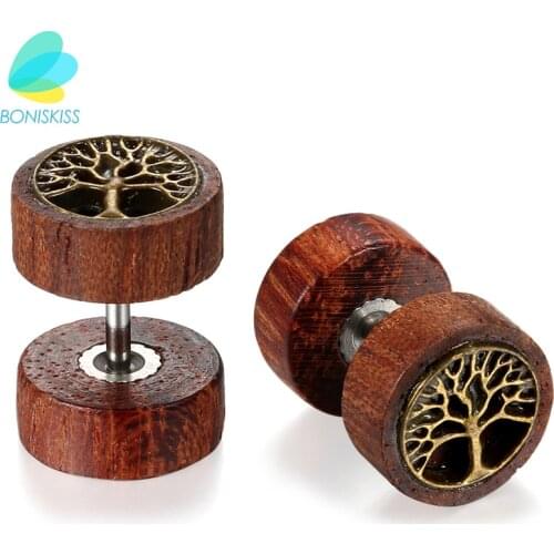 BONISKISS Women Wooden Stud Earrings boucle d'oreille femme 2020 Double Sided Round Life Tree Men Punk Gothic Barbell Earrings