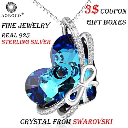 AOBOCO Brand Cute Bow-knot Big Blue Heart Word Love You Forever Pendant Necklace Crystal From Swarovski For Women Fine Jewelry