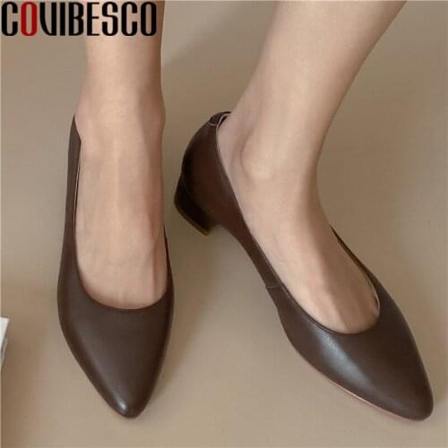 COVIBESCO 2021 Shallow Vintage Genuine Leather Handmade Shoes For Women Pointed Toe Thick Heels Pumps Party Wedding Shoes Woman