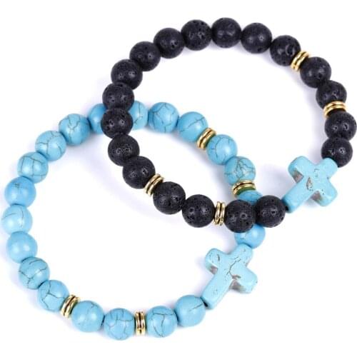 Blue Turquoise Volcanic Stone Beaded Bracelets Turtle Cross shaped Beads Stainless steel metal Circle Bracelet for Couples