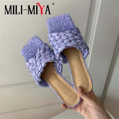 MILI-MIYA Purple Woven Summer Women Slippers Comfort Mid Heels Sandals Female Square Toe Outdoor Dress Wild Footwear Size 34-40