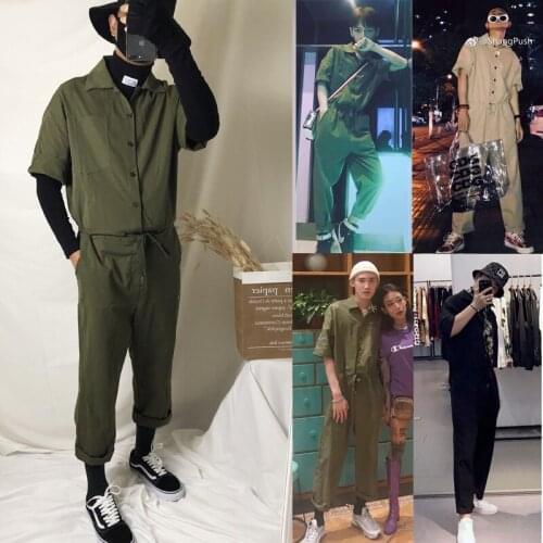 Fashion mens loose Short sleeve jumpsuits womens huge bib pants Couple Casual pocket overalls Single-breasted One-piece jeans