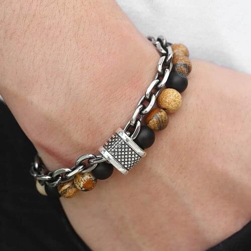 Mens Bracelet Double Layers Natural Brown Stone Beaded Bracelet Black Matte Stainless Steel Rolo Chain OT Buckle DDB194