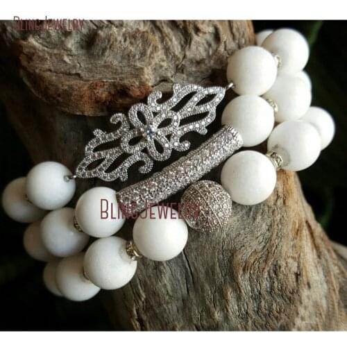 White Matte Beads Pave CZ Ball and Cross Bar Flower Stretch Bracelet Set of 3 SE20756